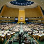 United Nations General Assembly floor viewed with a grand angular lens. Photo: Picture-alliance/DPA/Daniel Bockwoldt.