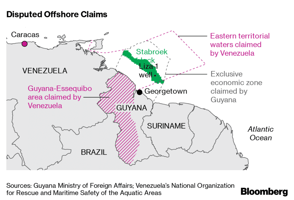 Map showing the Essequibo region of Venezuela (diagonal lines). Photo: Bloomberg.