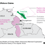 Map showing the Essequibo region of Venezuela (diagonal lines). Photo: Bloomberg.