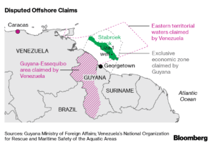 Map showing the Essequibo region of Venezuela (diagonal lines). Photo: Bloomberg.