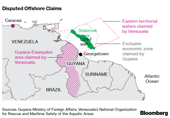 Map showing the Essequibo region of Venezuela (diagonal lines). Photo: Bloomberg.