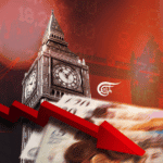 Photo composition with the Big Ben Tower in the center and the London Bridge in the background, with a red pointing down arrow as a reference to UK's poor economic performance. Photo: Al Mayadeen – English.