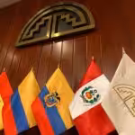 (From left to right) Flags of Bolivia, Colombia, Ecuador, Peru, and the Andean Community of Nations. File photo.
