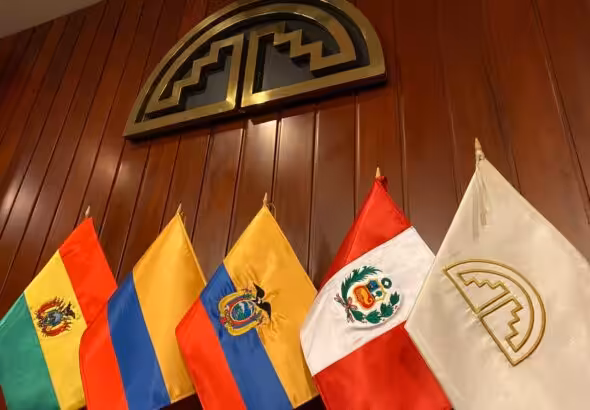 (From left to right) Flags of Bolivia, Colombia, Ecuador, Peru, and the Andean Community of Nations. File photo.