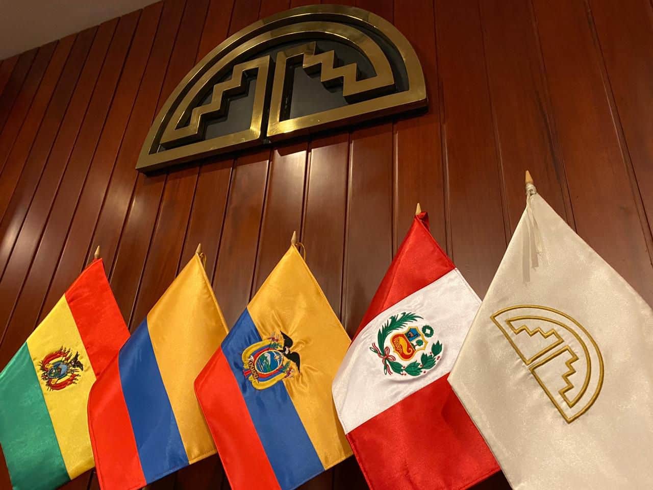 (From left to right) Flags of Bolivia, Colombia, Ecuador, Peru, and the Andean Community of Nations. File photo.
