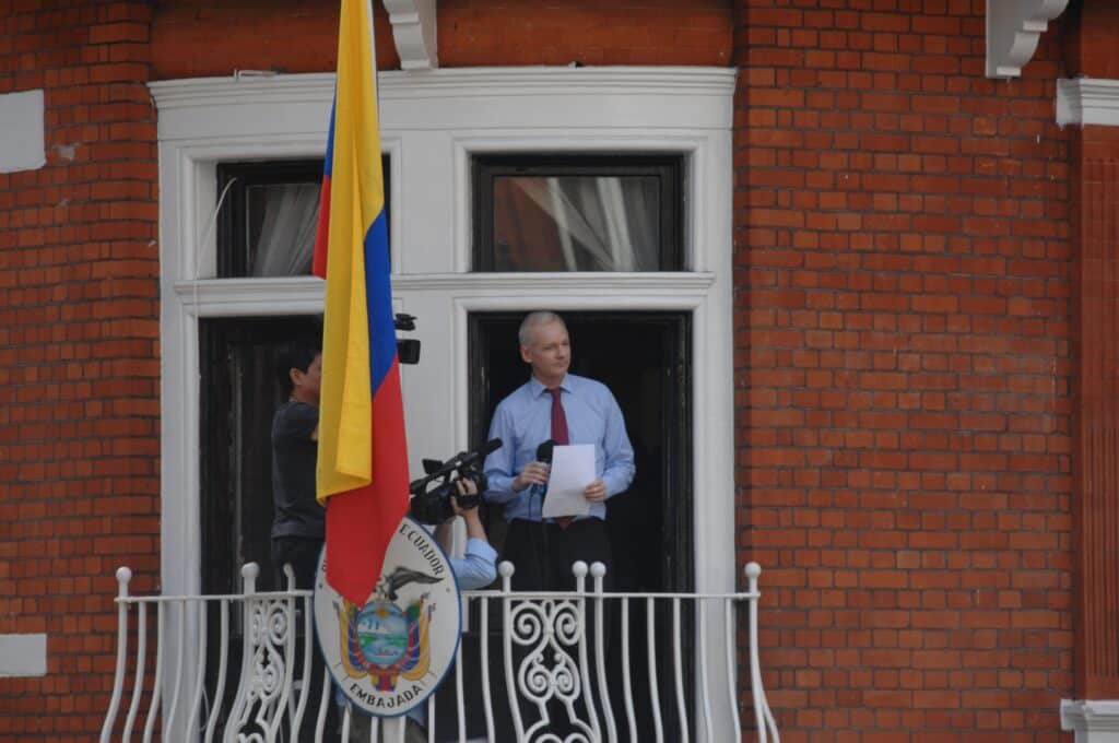 Julian Assange speaking from balcony of Ecuador embassy in London, December 2018. File photo.