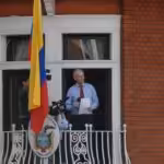 Julian Assange speaking from balcony of Ecuador embassy in London, December 2018. File photo.