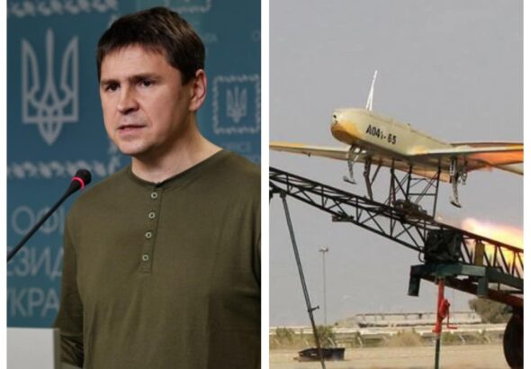 Mykhailo Podolyak (Left) and a drone (Right). Photo: The Grayzone.