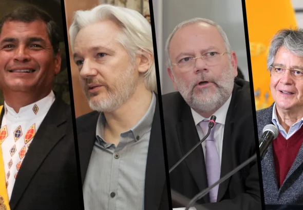 Ecuador's former President Rafael Correa, journalist Julian Assange, ex energy minister Carlos Pareja Yannuzzelli, and current President Guillermo Lasso (from left to right). Photo: Multipolarista.