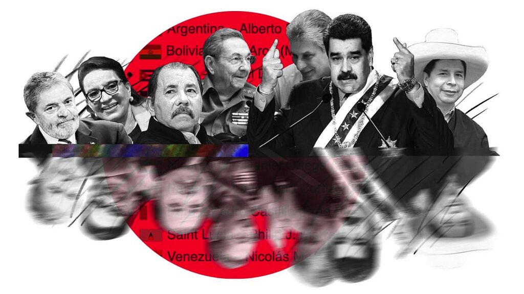 Photo composition showing leftist Latin American presidents, from left to right: Lula da Silva, Xiomara Castro, Daniel Ortega, Raúl Castro, Miguel Díaz-Canel, Nicolás Maduro and Pedro Castillo. Photo: adnamerica.