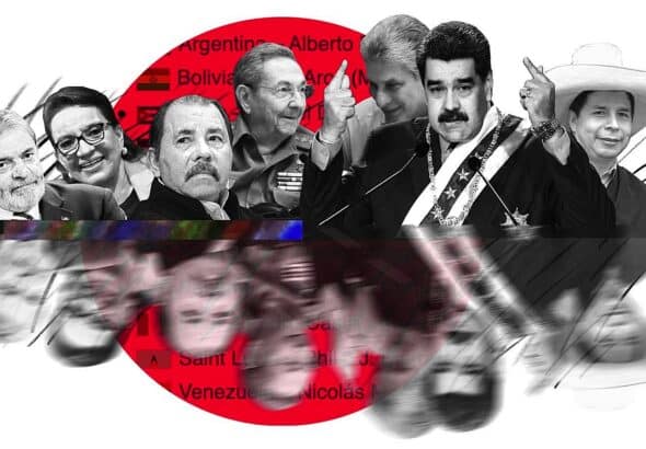Photo composition showing leftist Latin American presidents, from left to right: Lula da Silva, Xiomara Castro, Daniel Ortega, Raúl Castro, Miguel Díaz-Canel, Nicolás Maduro and Pedro Castillo. Photo: adnamerica.