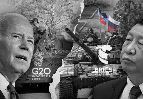 Joe biden and Xi Jinping with tanks representing Ukraine and Donetsk juxtaposed against each other. Photo Credit: The Cradle.