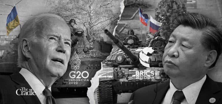 Joe biden and Xi Jinping with tanks representing Ukraine and Donetsk juxtaposed against each other. Photo Credit: The Cradle.