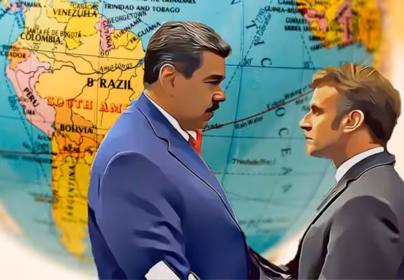 Cartoonized photo of the meeting between Venezuelan President Nicolás Maduro and French President Emmanuel Macron, with a map of South America in the background. Photo: nicolaporro.it.