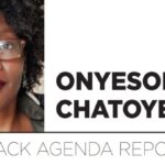 Poster with the photo and name of Onyesonwu Chatoyer, and at the bottom can be read “Black Agenda Report.” Photo: BAR.