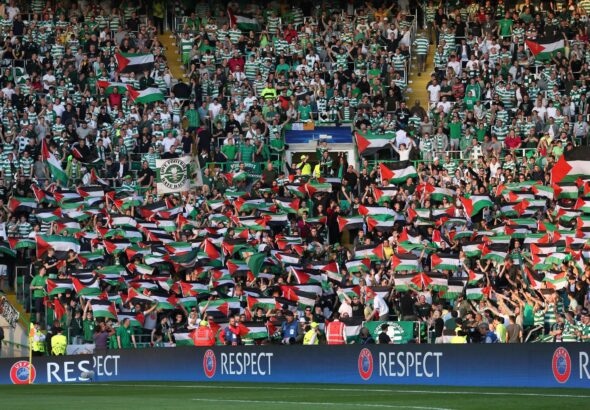 Celtic FC fans hold up Palestinian flags during a match against Israeli football team Hapoel Beer Sheva in 2016. Photo: Reuters.