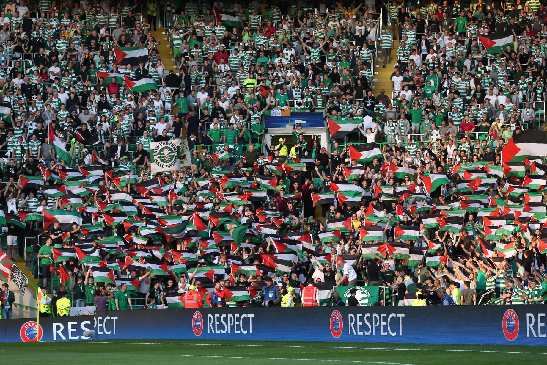 Celtic FC fans hold up Palestinian flags during a match against Israeli football team Hapoel Beer Sheva in 2016. Photo: Reuters.