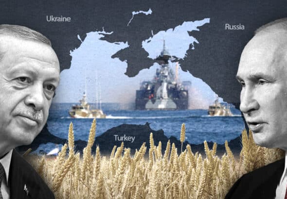 Turkish President Recep Tayyip Erdoğan (left) and Russian President Vladimir Putin (right), with the map of the Black Sea in the backdrop. Photo: The Cradle.
