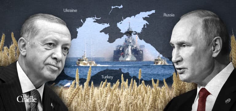 Turkish President Recep Tayyip Erdoğan (left) and Russian President Vladimir Putin (right), with the map of the Black Sea in the backdrop. Photo: The Cradle.