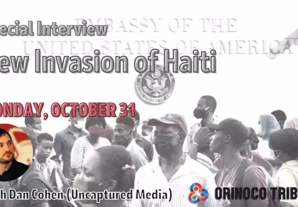 Poster with details of the interview and a photo of some people gathering in front of the US embassy in Port-au-Prince, Haiti. Photo: Orinoco Tribune.