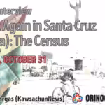 Poster with details of the interview and a watermarked photo the Bolivian flag near a roundabout in Santa Cruz, Bolivia. Photo: Orinoco Tribune.