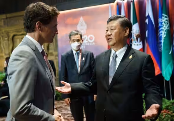 Canada's Prime Minister Justin Trudeau speaks with China's President Xi Jinping at the G20 Leaders' Summit in Bali, Indonesia, November 16, 2022. Adam Scotti/Canadian Prime Minister's Office.