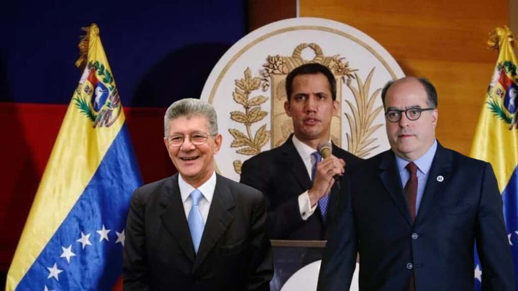 Photo composition with Henry Ramos Allup (left), Juan Guaido (center) and Julio Borges (right), also, the coat of arms and the flags of Venezuela in the background. Photo composition: Orinoco Tribune.