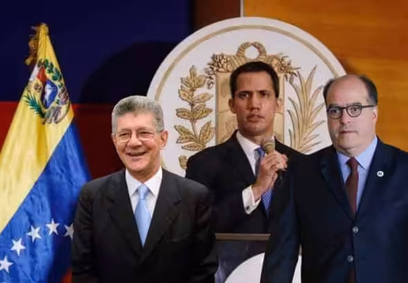 Photo composition with Henry Ramos Allup (left), Juan Guaido (center) and Julio Borges (right), also, the coat of arms and the flags of Venezuela in the background. Photo composition: Orinoco Tribune.