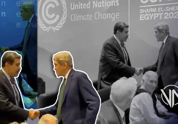 Photo composition highlighting Venezuelan President Nicolás Maduro shaking hands with US Climate Envoy John Kerry at the International Convention Center of Sharm El-Sheikh, Egypt, during COP27, on November 8, 2022. Photo: Venezuela News.
