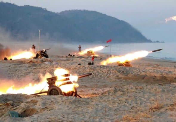 Multiple launch rocket system batteries of the Korean People's Army being tested in December 2016. Photo: KCNA.