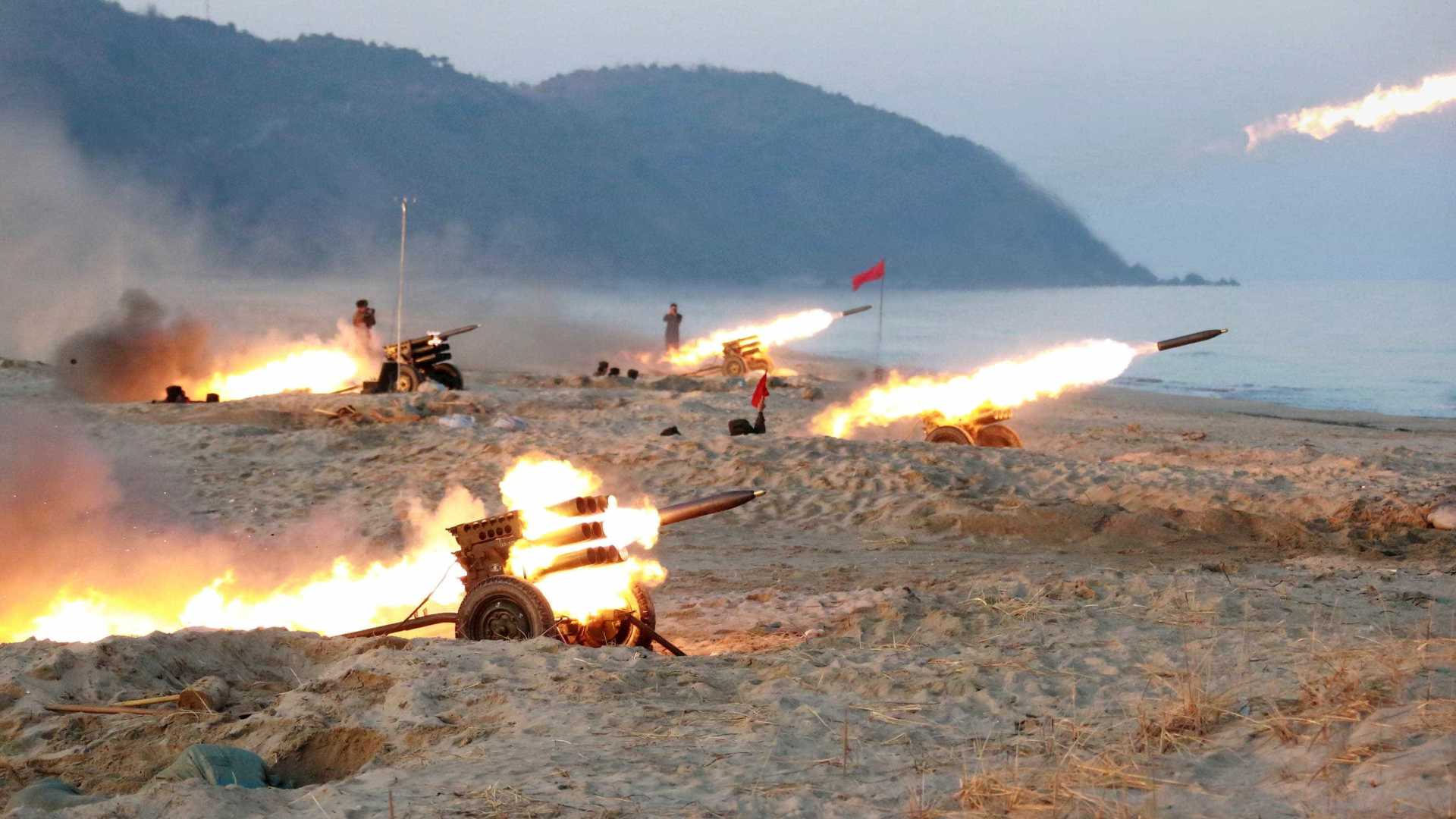 Multiple launch rocket system batteries of the Korean People's Army being tested in December 2016. Photo: KCNA.