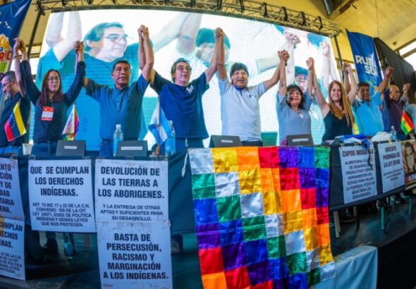 Evo Morales at the RUNASUR assembly. Photo: Últimas Noticias.
