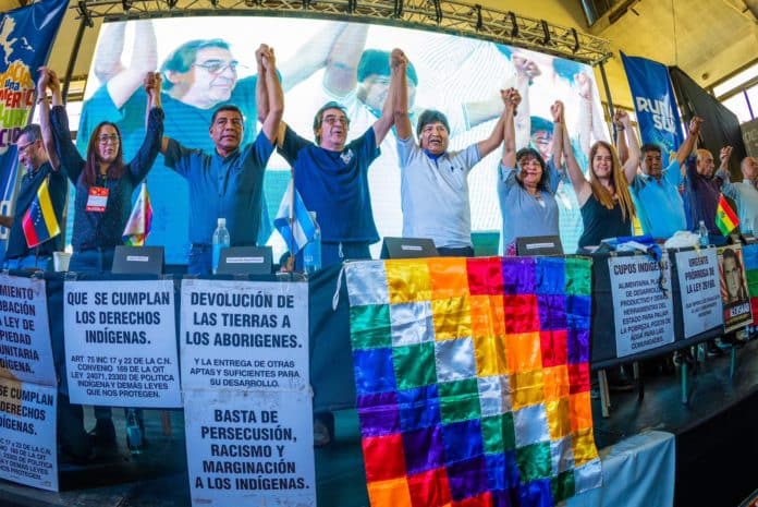 Evo Morales at the RUNASUR assembly. Photo: Últimas Noticias.
