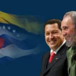 Photo composition with Fidel Castro and Hugo Chávez, and the flags of Venezuela and Cuba blended in the background. Photo: Prensa Latina English.