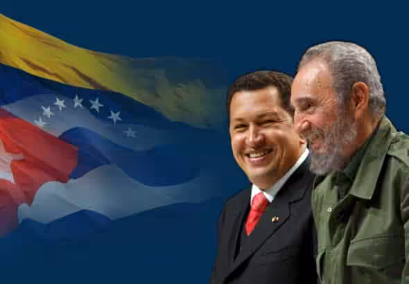 Photo composition with Fidel Castro and Hugo Chávez, and the flags of Venezuela and Cuba blended in the background. Photo: Prensa Latina English.
