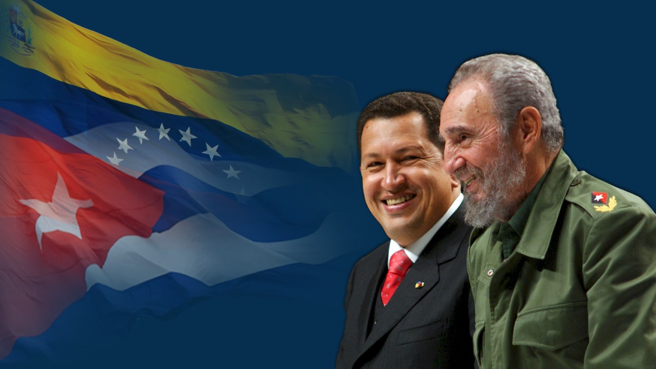 Photo composition with Fidel Castro and Hugo Chávez, and the flags of Venezuela and Cuba blended in the background. Photo: Prensa Latina English.