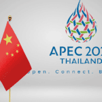 APEC 2022 Thailand Logo with a Chinese flag towards the front and the slogans, "Open. Connect. Balance." Photo: CGTN.