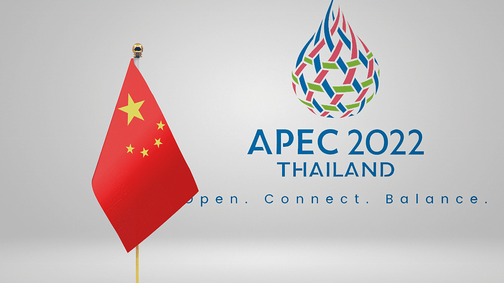 APEC 2022 Thailand Logo with a Chinese flag towards the front and the slogans, "Open. Connect. Balance." Photo: CGTN.