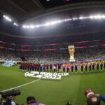 Players from Qatar and Ecuador line up prior to the first match of the 2022 World Cup at Al Bait stadium in Al Khor (Qatar). Photo: EFE/Rodrigo Jiménez.