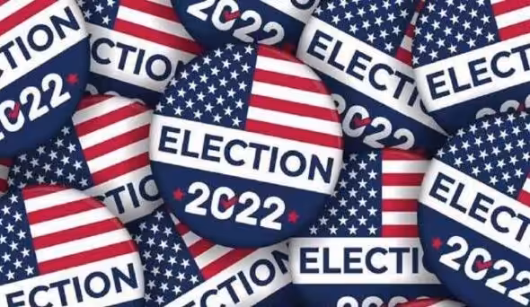 Badge with the flag of the United States and the word Election 2022. File photo.