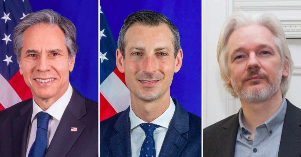 Photo composition: Antony Blinken (left), Ned Price (center) and Julian Assange (right). Photo: Caitlin Johnston.