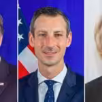 Photo composition: Antony Blinken (left), Ned Price (center) and Julian Assange (right). Photo: Caitlin Johnston.