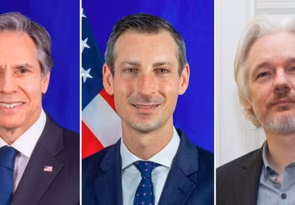 Photo composition: Antony Blinken (left), Ned Price (center) and Julian Assange (right). Photo: Caitlin Johnston.