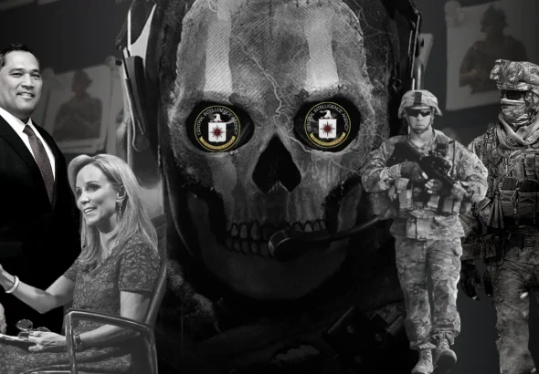 Photo composition que a skull at the center with CIA logo where the eyes should be, with Frances Townsend and Brian Bulatao to the left and US soldiers to the right. Photo: MintPress News.