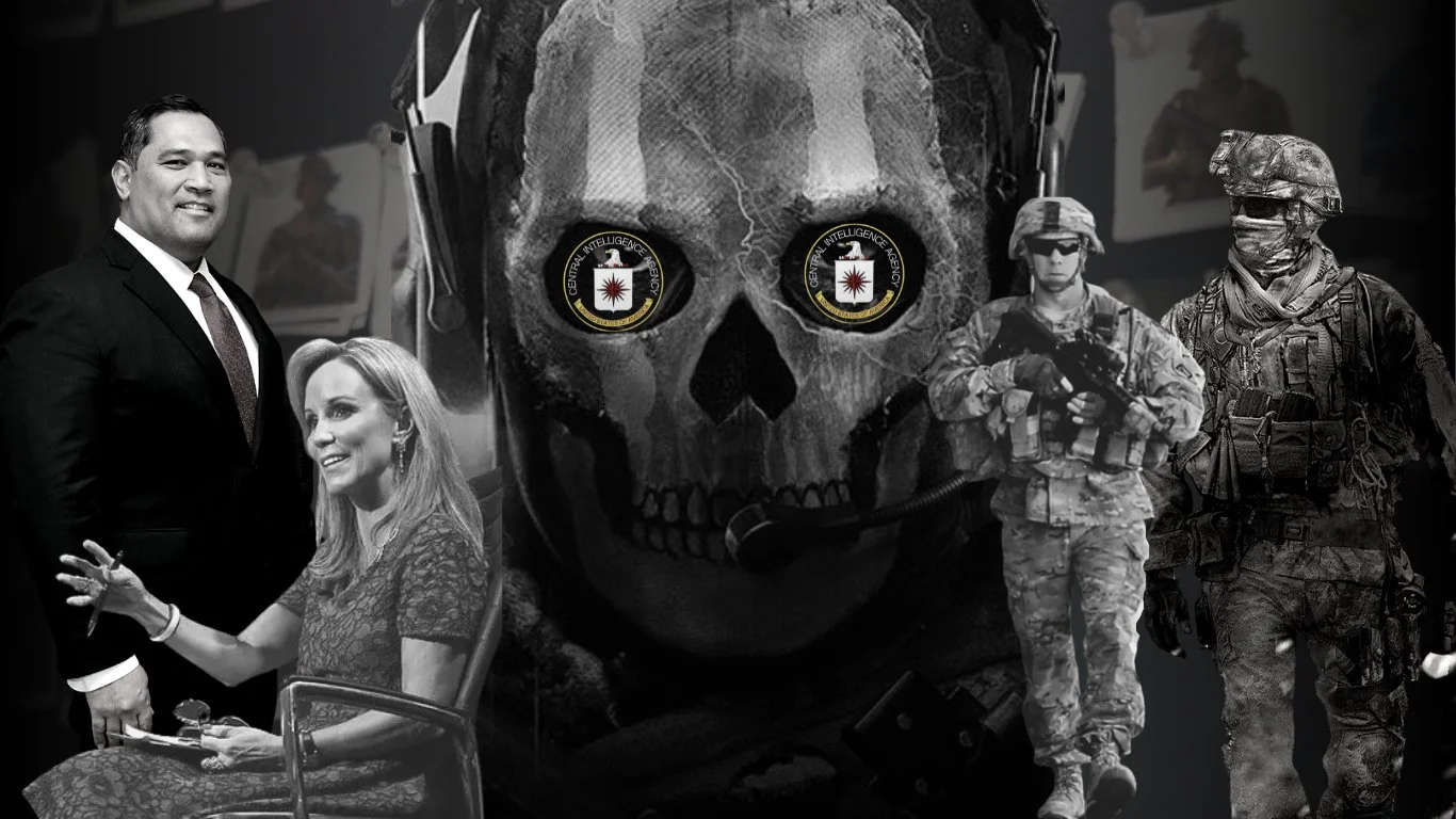 Photo composition que a skull at the center with CIA logo where the eyes should be, with Frances Townsend and Brian Bulatao to the left and US soldiers to the right. Photo: MintPress News.