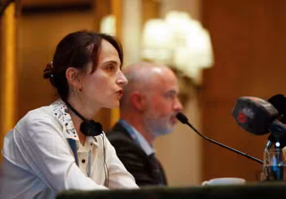 Alena Douhan, UN special  rapporteur tasked with assessing the impact of sanctions on human rights, speaks during a press conference in Damascus, Syria, Thursday, November 10, 2022. Photo: AP/Omar Sanadiki.