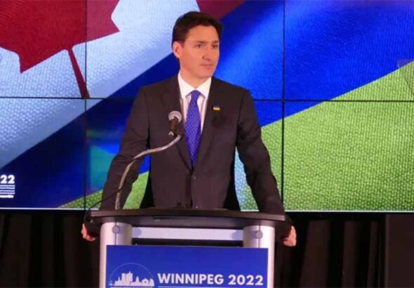 Canadian Prime Minister, Justin Trudeau, speaks at a gathering of the Ukrainian Canadian Congress in a Winnipeg Delta Hotel, on October 28, 2022. Photo: CBC/Google Images.