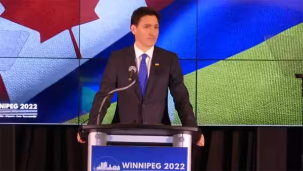 Canadian Prime Minister, Justin Trudeau, speaks at a gathering of the Ukrainian Canadian Congress in a Winnipeg Delta Hotel, on October 28, 2022. Photo: CBC/Google Images.