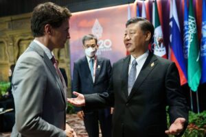 Canada's Prime Minister Justin Trudeau speaks with China's President Xi Jinping at the G20 Leaders' Summit in Bali, Indonesia. Photo: video grab.