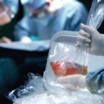 Human organ being taken out of a cooler full of ice by a person wearing surgery gear while two healthcare personnel seem to practice a surgical procedure in the background. Photo: RT News.